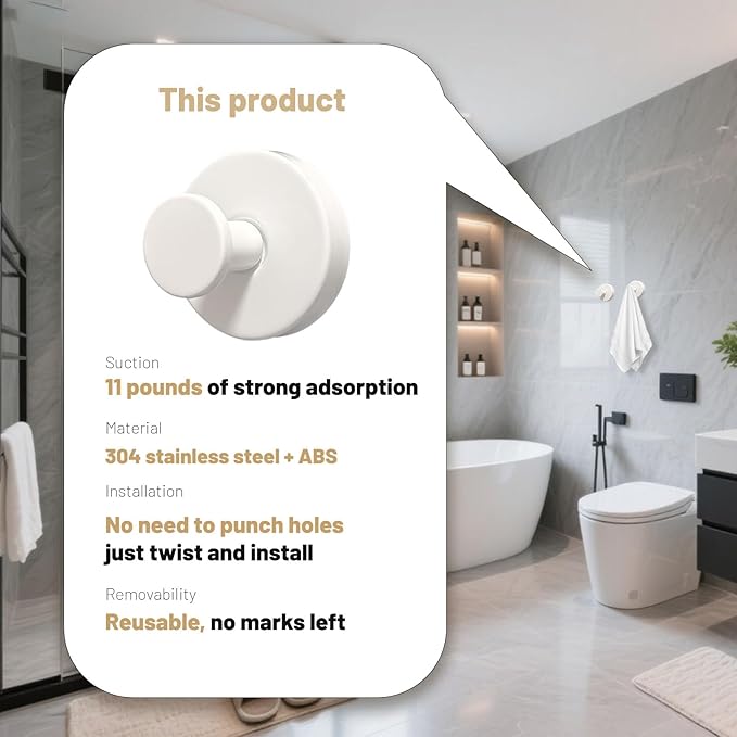 4pcs Suction Cup Hooks for Shower,Shower Towel Suction Hooks,No Drill Towel Hooks for Bathroom Wall,Kitchen,Glass,Mirror,Tile to Hang Towels,Robes,Loofah (White)