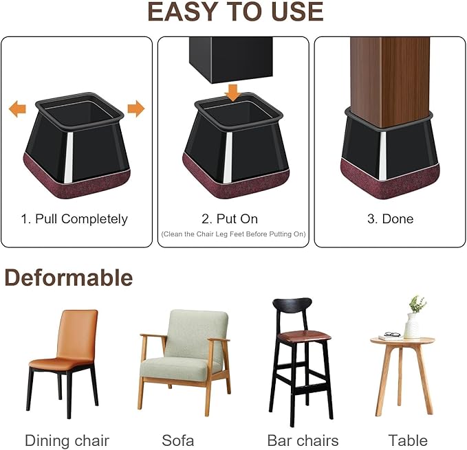 40 Pcs Chair Leg Floor Protectors for Hardwood Floors, Black Rubber Furniture Sliders with Felt, Silicone Furniture Leg Caps Covers (Fit Square Diameter:1.06" to 1.44")