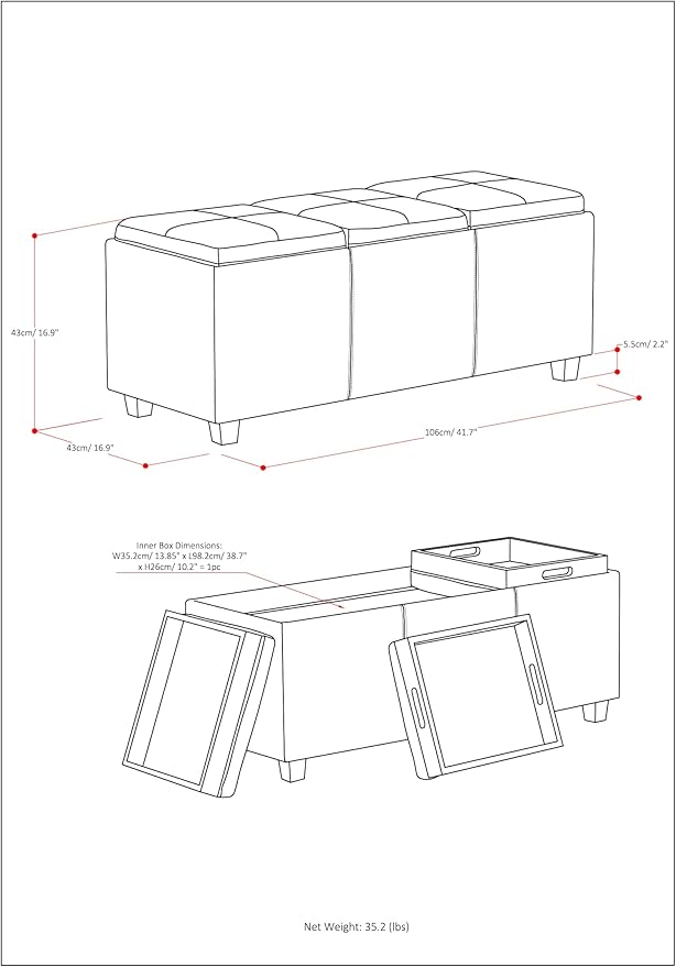 SIMPLIHOME Avalon 42 inch Wide Contemporary Rectangle Storage Ottoman in Cloud Grey Linen Look Fabric, Assembled, for the Living Room, Entryway and Family Room