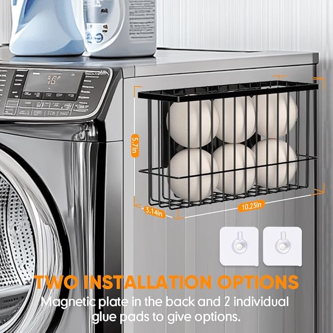 Magnetic Dryer Ball Holder for Laundry Room Organization and Storage, Magnetic Lint Bin for Laundry Room, Iron Dryer Ball Container for Laundry Room Storage (No Balls, Black)