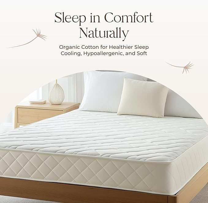 100% Cotton Organic Mattress Pad - Breathable & Cooling Mattress Protector King Size - Premium 300GSM Quilted and Noiseless Machine Washable Organic Mattress Protector (White, King)
