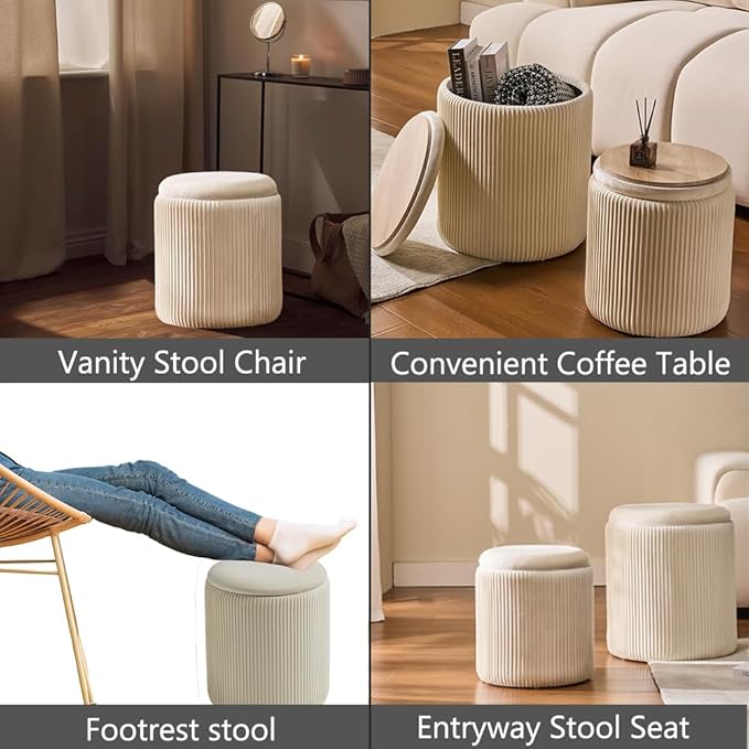 Round Set of 2 Ottoman with Storage-Upholstered Velvet Vanity Stool for Makeup Multifunctional Ottomans Coffee Table Padded Seat Foot Rest for Living Room&Bedroom(White)