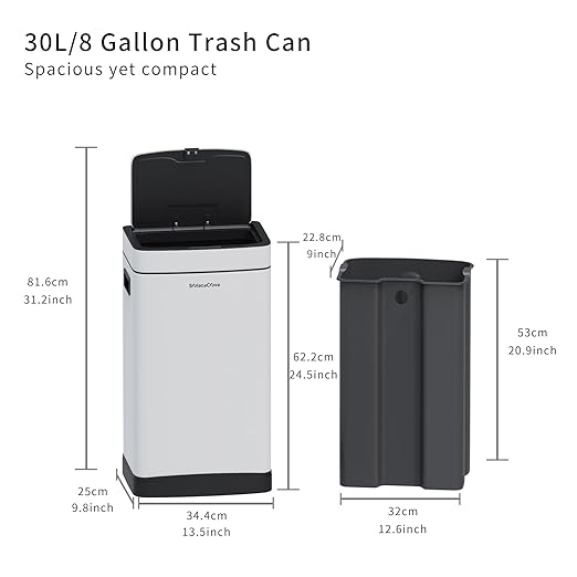 8Gallon/30L Brushed Stainless Steel Kitchen Trash Can with with Press Top Lid,Garbage Can with Inner Bucket(White)