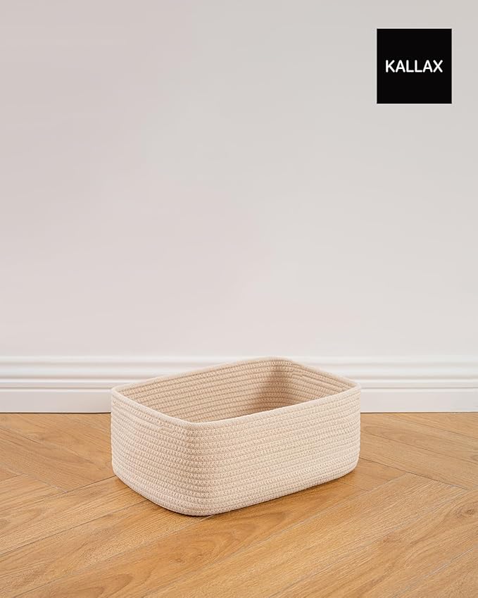 Small Woven Basket, 13.5 x 9.5 x 5 Inches, Storage Basket for Organizing, Cute Small Rope Shelf Closet Cube Storage Bins Baskets for Shelves, Dog Toy Gift Baskets Empty, 3 Packs, Beige