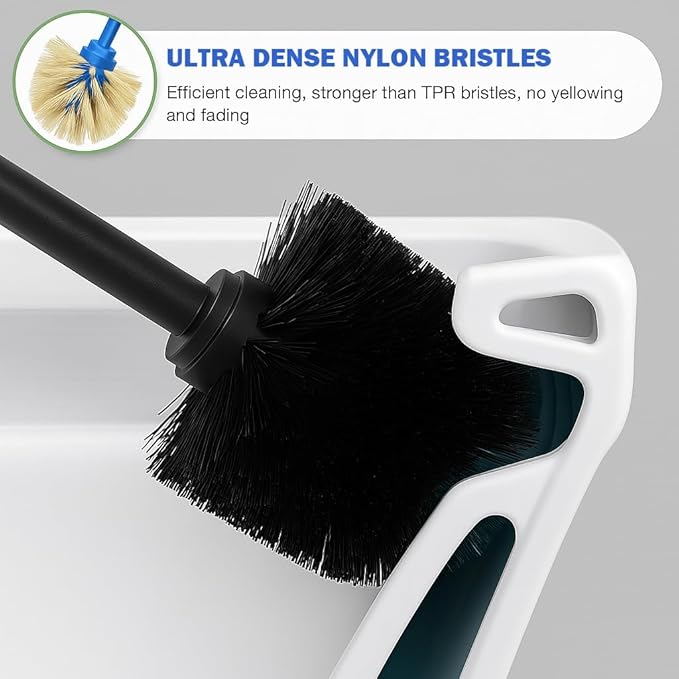 Black Toilet Brush and Holder Set, 304 Stainless Steel Heavy Duty Toilet Bowl Brush and Holder with Long Handle, Removable Inner Bowl and Splash Protection Modern Toilet Cleaner Brush for Bathroom