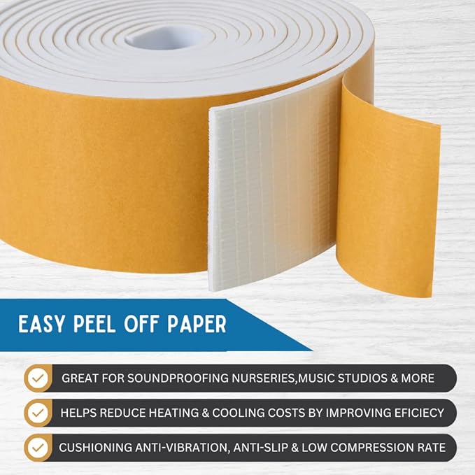 High Density Foam Weather Stripping Door Seal Strip Insulation Tape Roll for Insulating Door Frame, Window, Air Conditioner | Self Adhesive Sealing Weatherstrip (4 in x 1/16 in x 10 Ft, White)