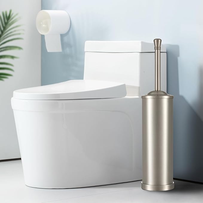 Stainless Steel 304 Toilet Brush and Holder,Toilet Bowl Brush with Long Handle for Bathroom,Toilet Cleaner Brush-Space,Saving,Covered Brush,Durable, Deep,Cleaning,Splash Resistant (Stain Nickel)