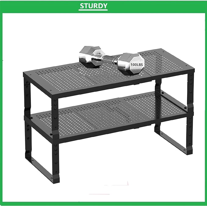 Metal Stackable Expandable Storage Shelf - Multi-Functional Home Storage Shelf, Suitable for Kitchen, Cabinet,Bathroom, Office, Garage, etc.(2PACKS/Black/Medium