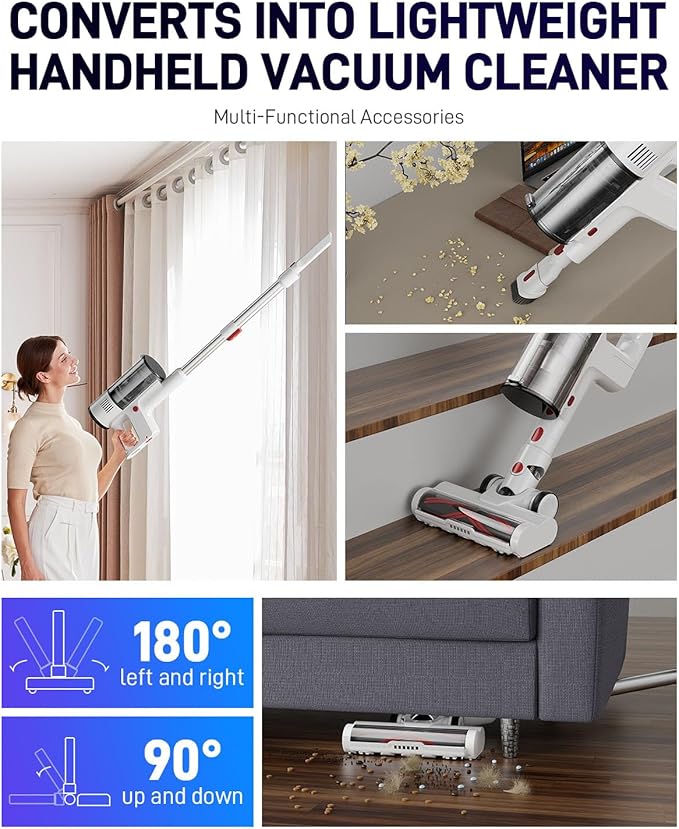 Vacuum Cleaners for Home, Cordless Vacuum Cleaners, 550W 45KPA Stick Handheld Vacuum with Rechargeable Battery, Up to 60 Mins Runtime Household Vac, for Carpet, Hardwood, Pet Hair (White)