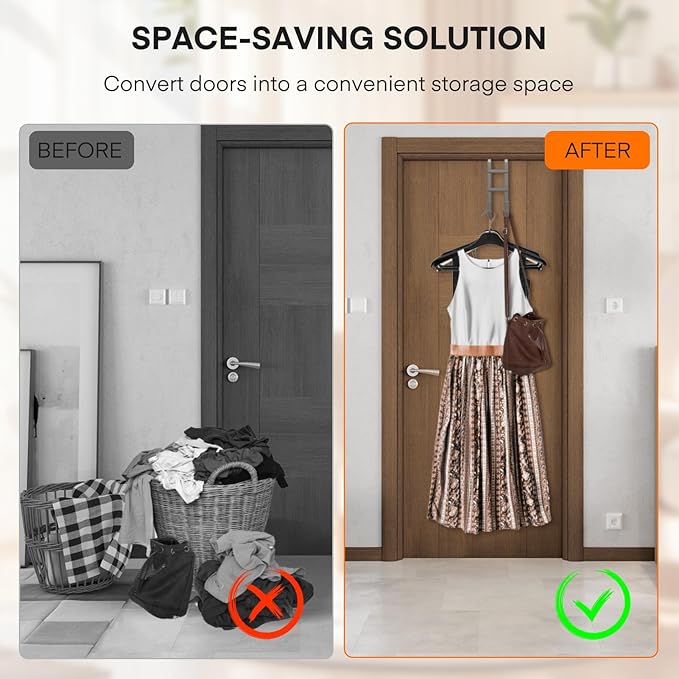 FYY Over The Door Hooks - 4 Pack Heavy Duty Dual-Hook Organizer Hanger with Non-Slip Rubber for Towels, Clothes, Hats & Bags Use in Bathroom, Bedroom, Kitchen - Fits Interior Doors Up to 1.6" Grey