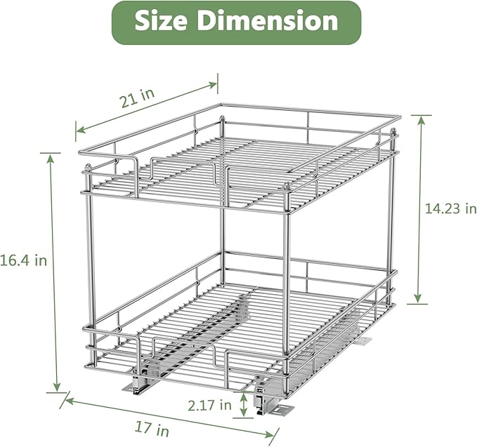 ROOMTEC Pull Out Cabinet Organizer, Kitchen Cabinet Organizer and Storage 2-Tier Cabinet Pull Out Shelves for Kitchen,Under Sink Organizers and Storage 17" W x 21" D Chrome