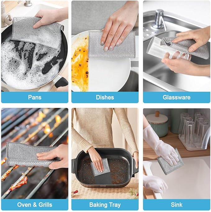 AIDEA Non Scratch Wire Dishcloth 12PK, Wire Dishwashing Rag for Wet and Dry, Washable Dish Rags No Odor, Cleaning Pads Steel Scrubber for Cookware, Sinks, Dishes, Stove Tops, 7"×8"