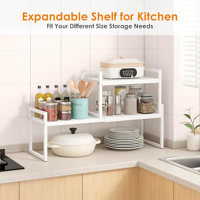 DOLALIKE Expandable Kitchen Countertop Organizer, Stackable Cabinet Shelf Organizers, Space Saving Spice Rack Pantry Storage for Bathroom Office Organization (White, 1-Tier)