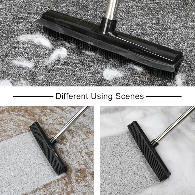 Rubber Broom and Dustpan Set,Pet Hair Removal Rubber Broom with Squeegee and Stainless Steel Dust Pan,Carpet Rake Push Broom and Dustpan for Fluff Hardwood Floor Tile (Black)