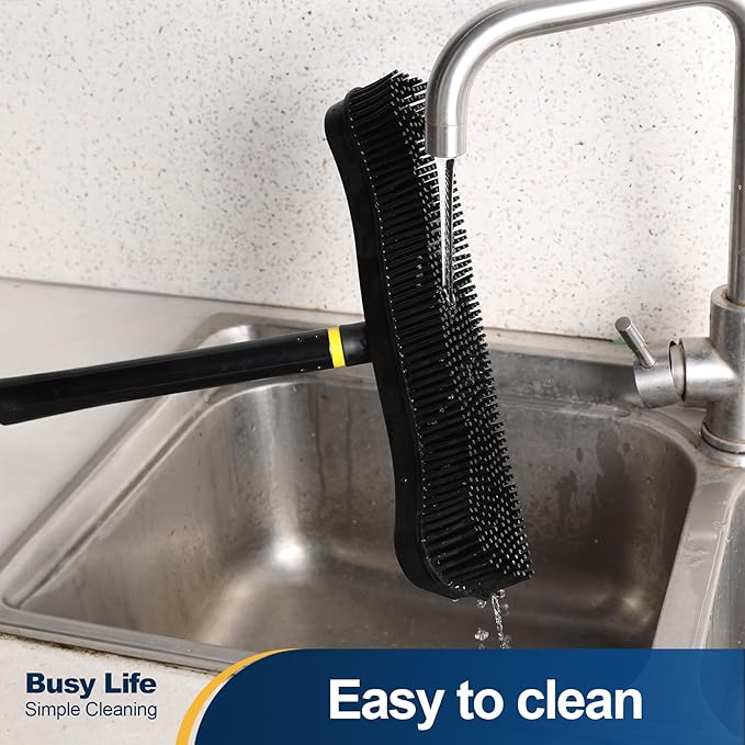 Yocada Pet Hair Removal Rubber Broom 2 in 1 Floor Brush with Squeegee Carpet Rake 57.5" Long Handle Fur Broom for Carpet Hardwood Floor Tile