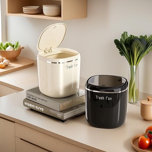 0.8 Gallon Desktop Mini Trash Can with Push-Open Lid, Small Waste Baskets Includes 50 Free Bags, Small Eco-Friendly PP Waste Bin for Office Desk, Bedroom, Bathroom Tiny Garbage Can (White)