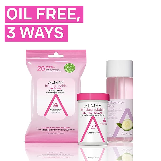 Almay Biodegradable Makeup Remover Pads, Micellar Gentle, Hypoallergenic, Fragrance-Free, Dermatologist & Ophthalmologist Tested, 120 Count (Pack of 2)