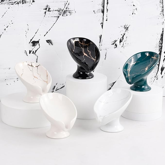 Soap Dish, Self Draining Bar Soap Holder for Bathroom Sink, Leaf Shaped Drainage Ceramic Marble Porcelain Decorative Soap Dish, No Suction Cup, ANTIS'S HOME