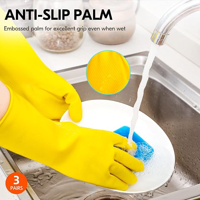 Vgo... 3-Pairs Reusable Household Gloves, Rubber Dishwashing gloves, Extra Thickness, Long Sleeves, Kitchen Cleaning, Working, Painting, Gardening, Pet Care (Size S, Yellow, HH4601)