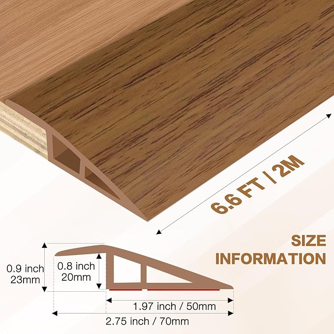 Floor Transition Strip Vinyl Door Threshold Ramp Self Adhesive Carpet Edging Strip Doorway Edge Trim, Overlap Edge Reducer for Laminate Carpet, Floor, Tile (Orange Oak, 3/5" to 4/5", 6.6Ft)