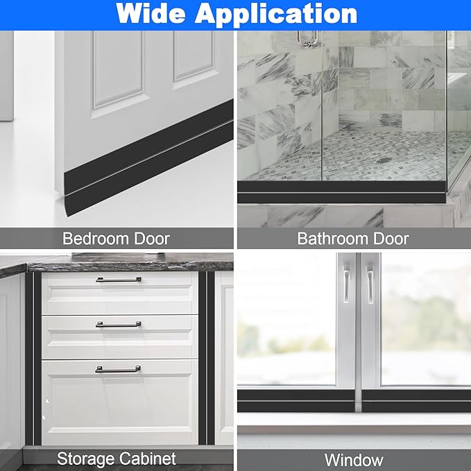 ToLanbbt Weather Stripping Silicone Door Seal Strip 2 in x 10 ft Door Draft Stopper Self Adhesive Door Draft Tape, Side & Bottom Gaps Insulation Strip for Glass Shower Door Sliding Door Window, Black