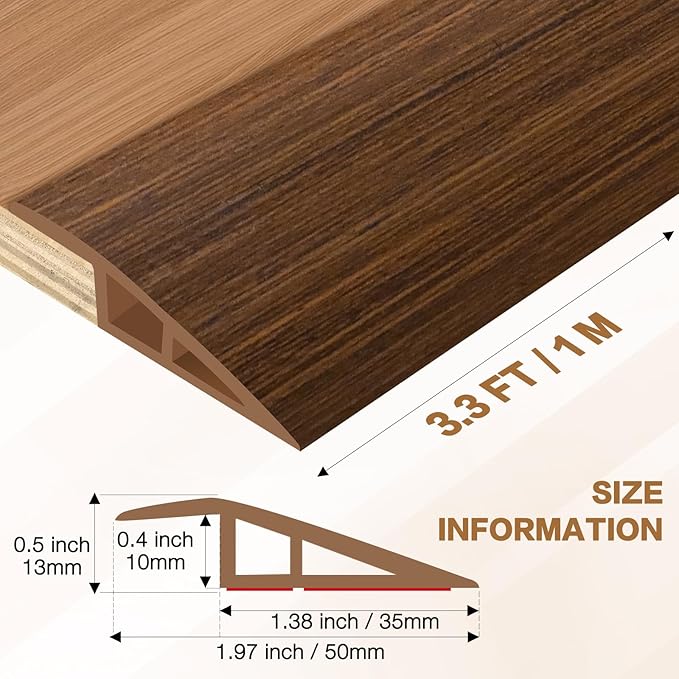 Floor Transition Strip Vinyl Door Threshold Ramp Self Adhesive Carpet Edging Strip Doorway Edge Trim, Overlap Edge Reducer for Laminate Carpet, Floor, Tile (Brown Wood Grain, 1/5" to 2/5", 3.3Ft)
