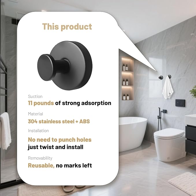 4 Pcs Suction Cup Hooks for Shower,Removable Hooks,Towel Hook,Suction Hook for Bathroom, Bedroom, Glass Window (Black)