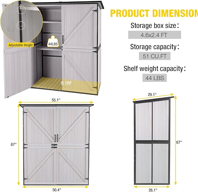 Aivituvin Outdoor Storage Shed Upgraded with Strong Metal Frame Garden Tool Shed Storage House Cabinet with Adjustable Shelfs and Wooden Floor 4.6 x 2.42FT (Off-White)