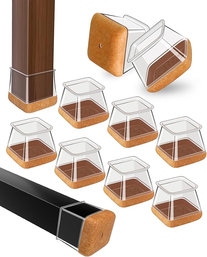 20 Pcs Chair Leg Floor Protectors for Hardwood Floors, Clear Rubber Furniture Sliders with Felt, Silicone Furniture Leg Caps Covers (Fit Square Diameter:1.06" to 1.44")