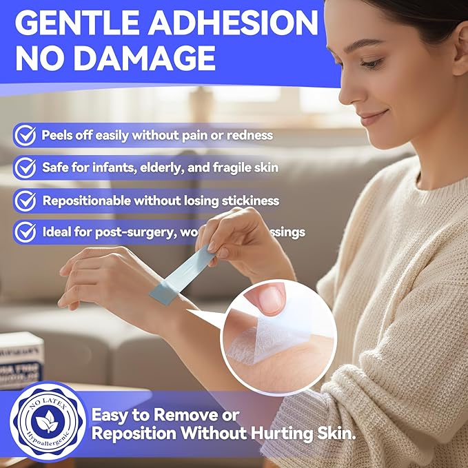 FRESINIDER Silicone Medical Tape – 1" x 5 Yard Blue 4 Rolls, Pre-Cut, Waterproof & Repositionable, Pain-Free Removal, Hypoallergenic Adhesive for Sensitive Skin, Wound Care & First Aid Use