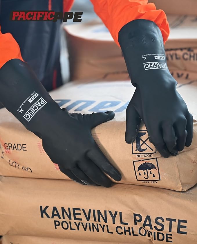 PACIFIC PPE Chemical Resistant Gloves, Heavy Duty Industrial Rubber Gloves, Resist Acid, Alkali and Oil, 12.6", XX- Large