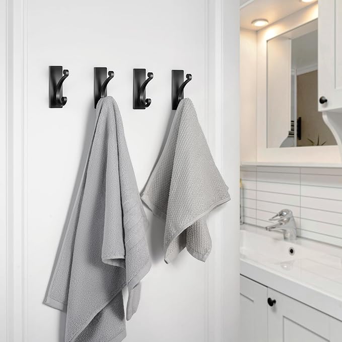 Adhesive Wall Hook for Towel/Coat - Extra Sticky 10LB Stainless, Stick on Hanger for Bath or Shower, Matt Black 8-Pack
