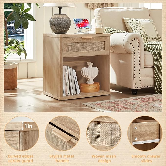 LEYAOYAO Rattan Nightstand with Charging Station, 23" Wide Boho Night Stand with Drawer, Natural Wood Bedside Table Open Storage Cabinet, Bed Side End Tables Dresser for Bedroom, Living Room, Hallway