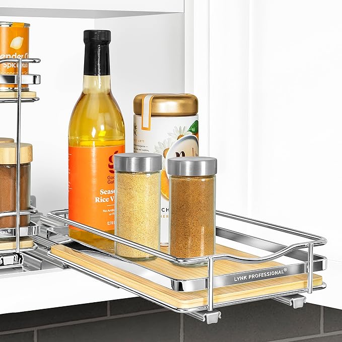 LYNK PROFESSIONAL® Élite™ Pull Out Spice Rack Organizer for Inside Kitchen Cabinets - 6-1/4 inch Wide - Slide Out Drawer – Wood/Chrome Sliding Spice Cabinet Organization Shelf Racks - 1 Tier