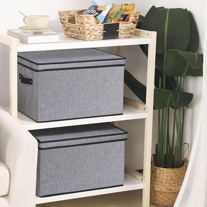 Clothing Storage Bins, Blanket Baskets for Shelves, Fabric Cubes with Handles and Lids, Decorative Linen Closet Organizers Boxes, Gray, 3 Pack, 16.5 x 11.8 x 10.2 Inch