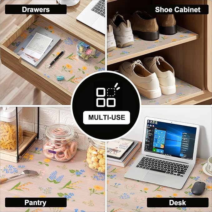 INNOLITES Non-Slip Shelf Liner – Cabinet & Drawer Liner Non-Adhesive – Waterproof Oil-Proof – Durable EVA with Floral for Kitchen Cabinets Refrigerator – BPA-Free, Easy to Cut 17.7" x 78.7"