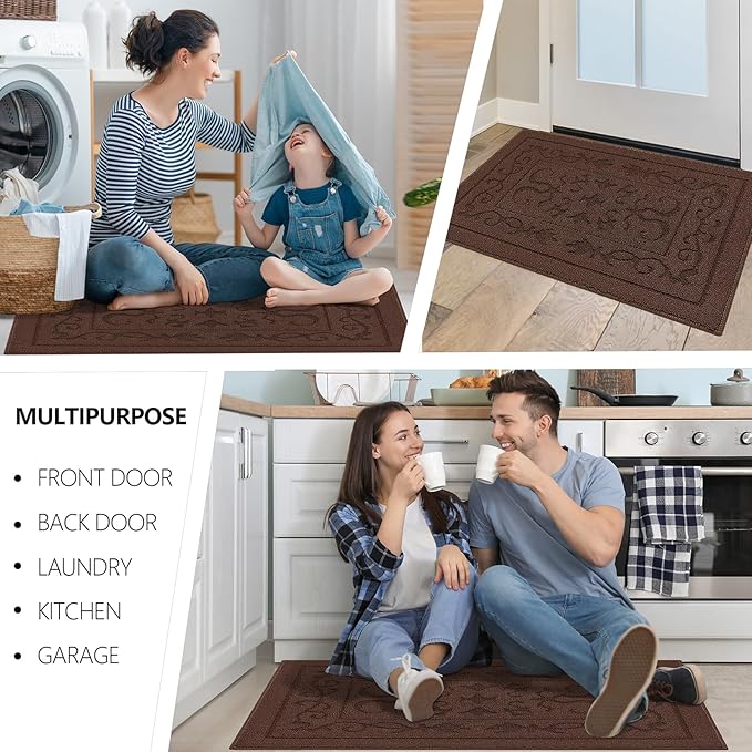 FONEYI Indoor Door Mat 20" x 32", Dirt Trapper Door Mats Non-Slip Entryway Rugs Washable, Absorbent Resist Dirt Welcome Mat, Low Profile Inside Floor Mats for Front Back Door and Entryway, Coffee