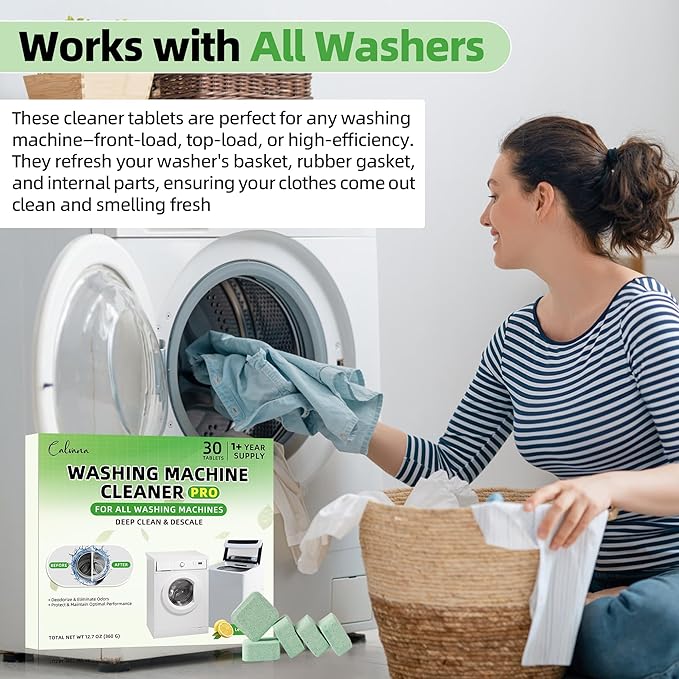 (30-Pack) Laundry Machine Cleaner, Washer Cleaner, for Front-Loaders, Top-Loaders, HE Machines, Easily Removes Residue, Septic Safe, Over a 12-Month Supply