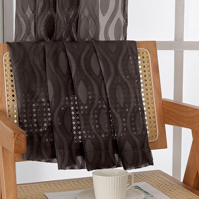 Aiyufeng Brown Sheer Curtains 72 Inches Long 2 Panels, Lightweight Clip Jacquard Textured Sheer Privacy Curtains for Bedroom Living Room, Classic Wavy Line Design Door Curtains, 40" Wx72 L Inches