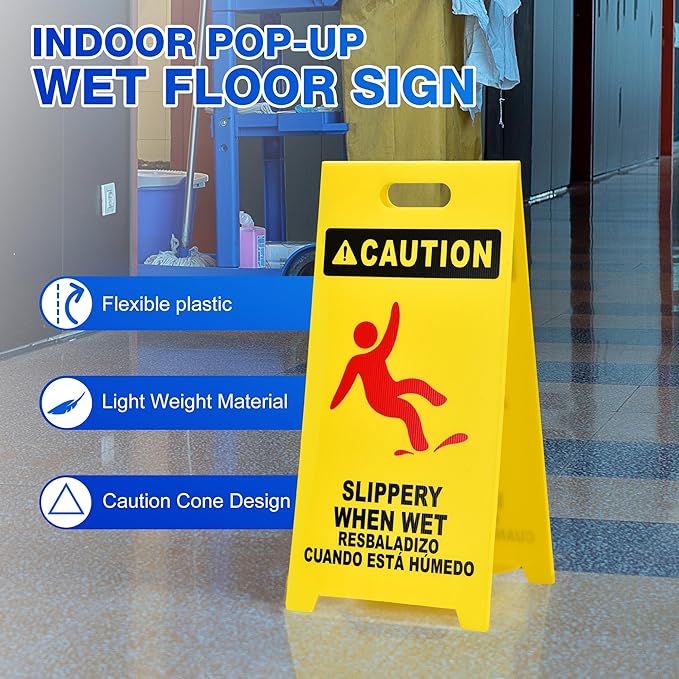 MATTHEW CLEANING 25'' Industrial Wet Floor Sign 6 Pack 2-Sided Durable Corrugated Plastic Birght Yellow Multilingual Warning Signs Commercial Caution Wet Fold-out Floor Signs For Indoors