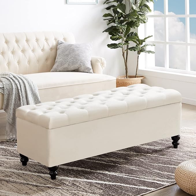 Living&Giving Storage Ottoman 50.2 Inches Upholstered Fabric Storage Ottoman Bench,Button Tufted Ottoman with Storage for Living Room,Bedroom End of Bed Bench Withstands 304lbs (Ivory-TP)