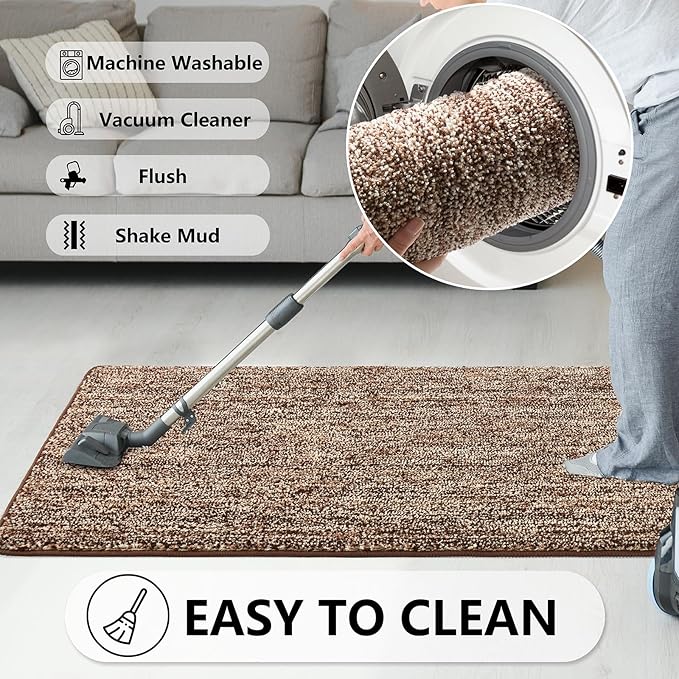 REFETONE Indoor Doormat, Front Door Mat 32"x40" Absorbent Rubber Backing Non Slip Door Mats, Washable Low-Profile Inside Floor Mat Door Rugs for Entryway, Resist Dirt Mud Mat for Dogs, Coffee/Brown