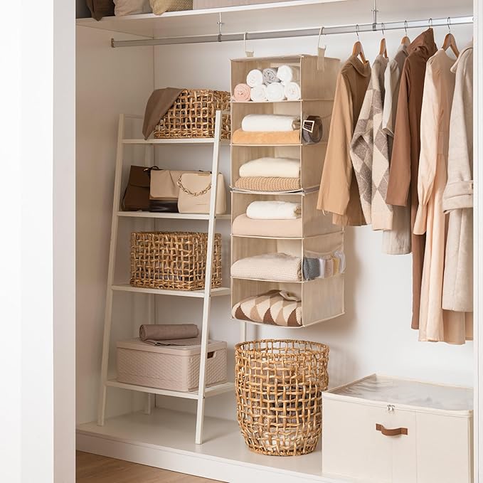 StorageWorks 6-Shelf Jumbo Closet Organizers, Two 3-Shelf Separable Hanging Shelves for Closet, 13" D x 15" W x 48 ¼"H,Mixing of Beige, White & Ivory