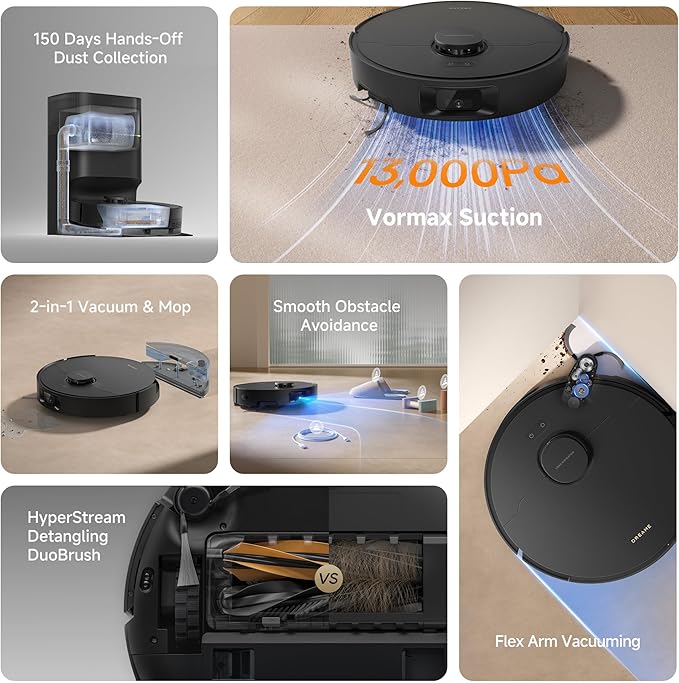 DREAME D20 Pro Plus Robot Vacuum, 13,000Pa Suction, DuoBrush for Pet Hair, Corner Cleaning, Self Emptying, LDS Navigation Laser Avoidance, Vacuum Mop, Hard Floors&Carpets (Black)