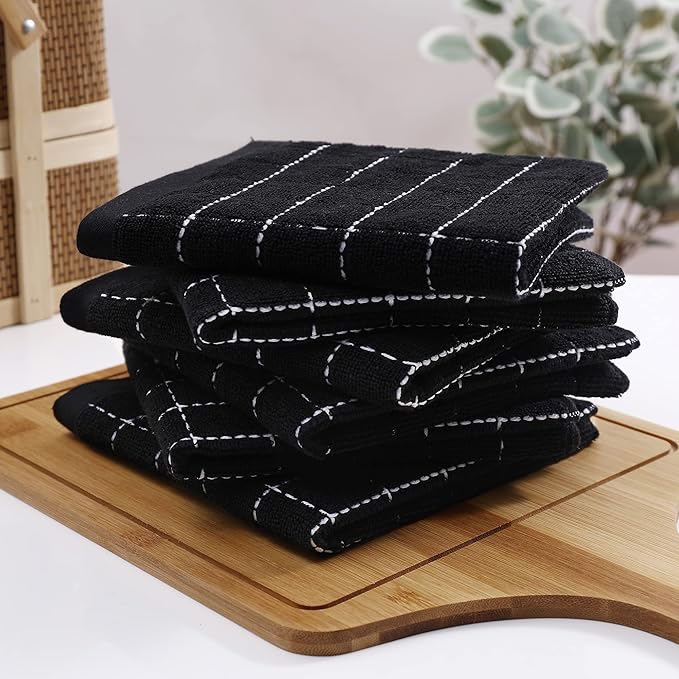Homaxy 100% Cotton Terry Kitchen Dish Cloths, Ultra Soft and Absorbent Dish Towels for Kitchen, Suitable for Drying and Washing Dishes, 8 Pack, 12 x 12 Inches, Black