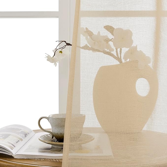Tollpiz Short Sheer Linen Textured Curtain Sheers Doorway Light Filtering Voile Patio Glass Door Rod Pocket Curtains French Door, 54 x 54 inches Long, Beige, Set of 1 Panel