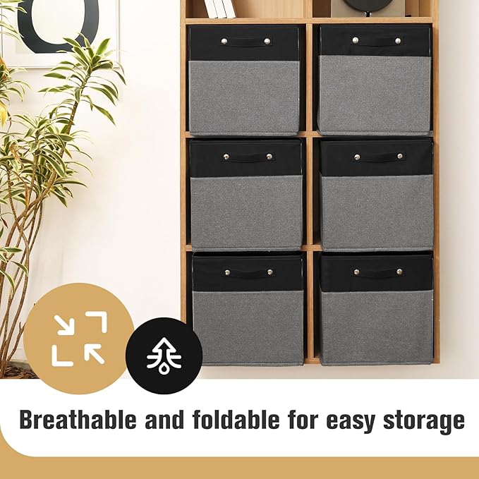 13 x 13 Inch Fine Linen Storage Bins with Handles,Fabric Cube Boxs,Collapsible Basket Organizers for Shelves for Home, Closet Drawers (Black/Gray-4 Pack)
