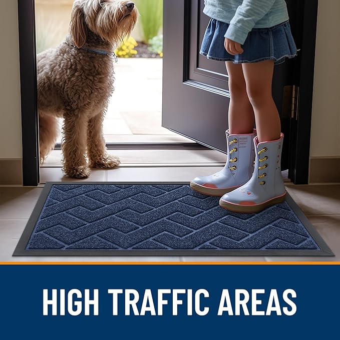 OLANLY Front Door Mat Indoor Outdoor Entrance, Waterproof All-Season, All-Weather Doormat, Sturdy Natural Rubber, Low Profile, Easy Clean Patio Porch Entryway Mat, Herringbone Brick (Blue, 71x47)