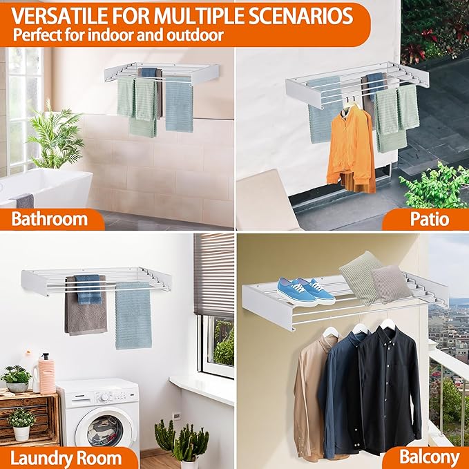 FOCHIER F Laundry Drying Rack Wall Mounted Clothes Drying Rack Collapsible with 4 Aluminum Rods and Drilling Template Long Screwdriver Bit 60 lbs Capacity (White, 40")
