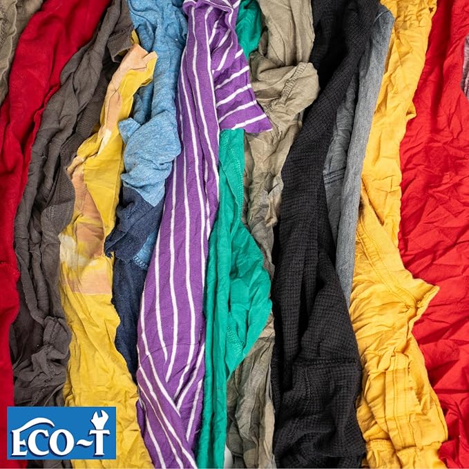 1 Lb Bag Eco-T Mechanic Shop Rags - Colored T-Shirt Material, 100% Recycled, Eco-Friendly, High Absorbency, Low Lint, Low-Cost, Industrial Use Wiping Cloth